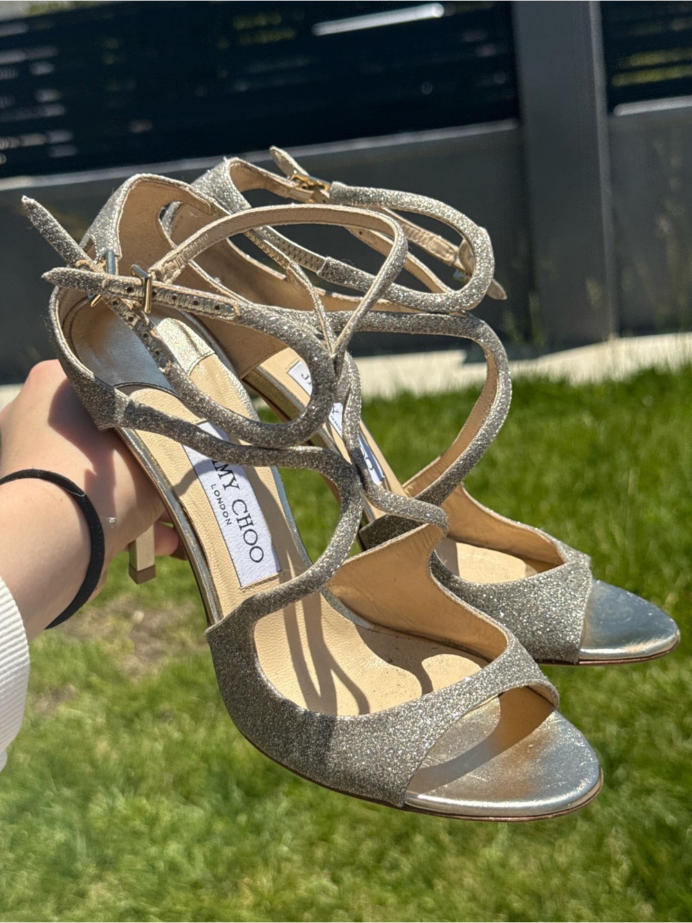Jimmy Choo Gold Glitter Strappy Stiletto Sandals
